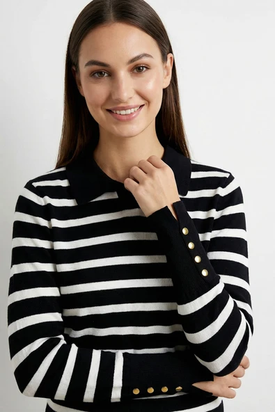 Kadın Polo Yaka Çizgili Kazak Siyah - Resim 4