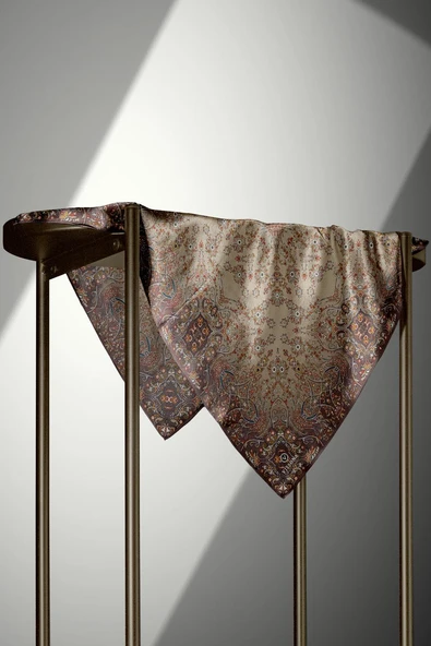 %100 Twill İpek Şal Desenli Kahverengi Renkli 90x90 Eşarp Dikim Şekli : El Dikişi - Resim 4