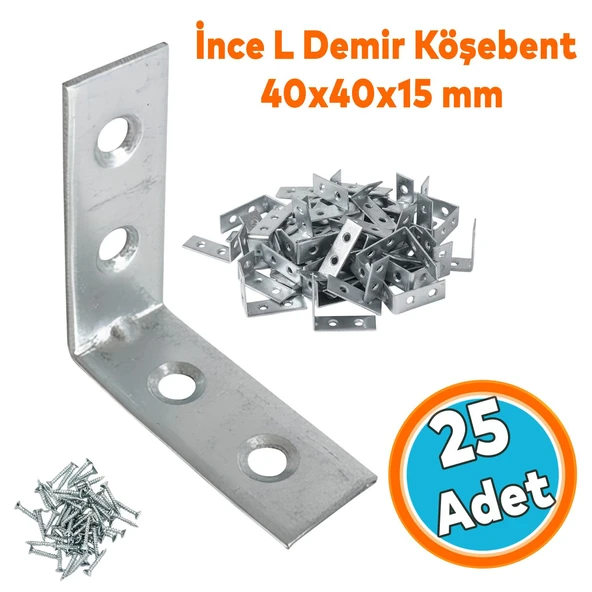 Metal Köşebent 40x40x15 mm İnce L Demiri Gönye Mobilya Duvar Sabitleme Bağlantı Aparatı (25 ADET) ürün görseli