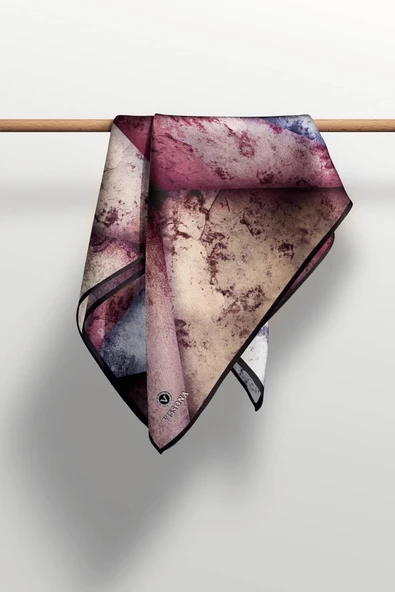 % 57 İPEK % 43 VİSKON Twill İpek Dokulu Ve Geometrik Desenli Pudra - Gri Renkli 90x90 Eşarp Dikim Şekli : El Dikişi - Resim 4