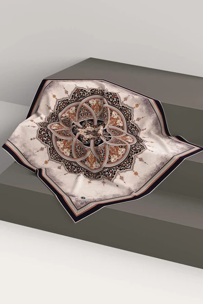 % 57 İPEK % 43 VİSKON Twill İpek Şal Desenli Siyah - Taba Renkli 90x90 Eşarp Dikim Şekli : El Dikişi - Resim 2