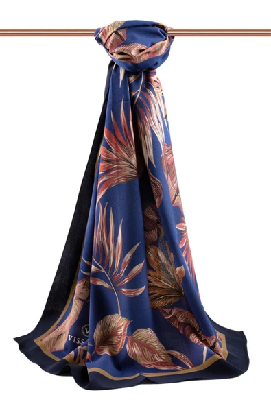 LÜKS MEDİNE İPEĞİ YAPRAK DESENLİ LACİVERT - BORDO RENKLİ 75X195 KIRIŞMAZ ŞAL MOSS KREP DİKİŞ TİPİ İTALYAN DİKİŞLİ - Resim 2