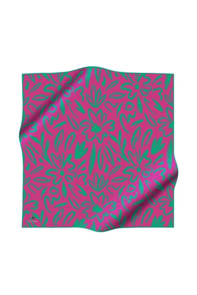 % 57 İPEK % 43 VİSKON Twill İpek Büyük Çiçek Desenli Fuşya - Koyu Mint Yeşili Renkli 90x90 Eşarp Dikim Şekli : El Dikişi - Resim 2
