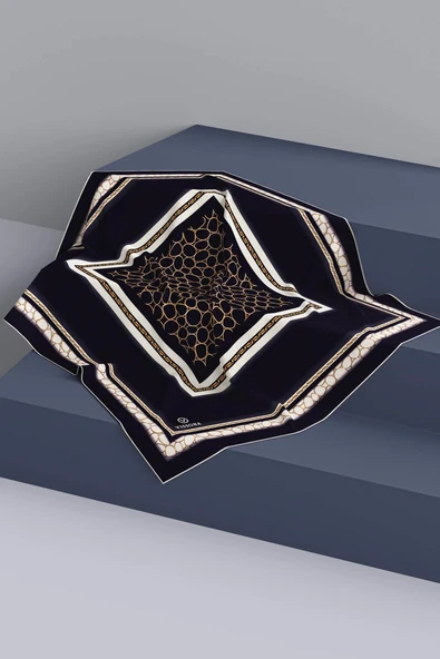 % 57 İPEK %43 VİSKON  Twill İpek Gold Halka Desenli Siyah - Krem Renkli 90x90 Eşarp Dikim Şekli : El Dikişi - Resim 6