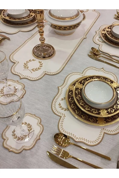 Mucit Home Amerikan Servis Ve  Masa Örtüsü 6 Kişilik 19 Parça Runner Seti Nakışlı Yemek Sunum Takımı - Resim 5