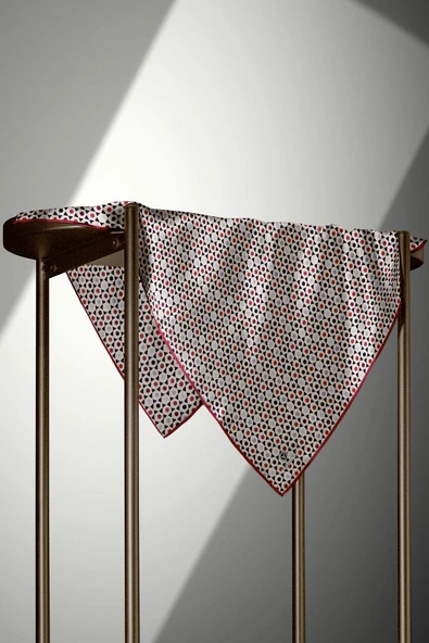 %100 Twill İpek Nokta Desenli Bej - Bordo Renkli 90x90 Eşarp Dikim Şekli : El Dikişi - Resim 5