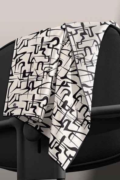 %100 Twill İpek Soyut Geometrik Desenli Krem - Siyah Renkli 90x90 Eşarp Dikim Şekli : El Dikişi - Resim 5