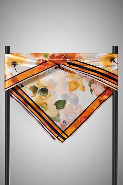 %100 Twill İpek Sulu Boyalı Çiçek Desenli Turuncu - Gold Renkli 90x90 Eşarp Dikim Şekli : El Dikişi - Resim 6