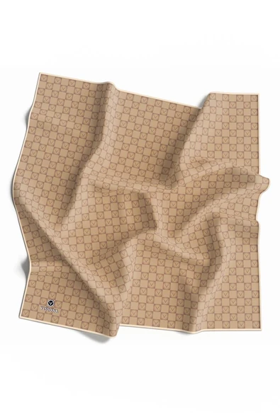 %100 Twill İpek Monogram Desenli Bej Renkli 90x90 Eşarp Dikim Şekli : El Dikişi ürün görseli 1