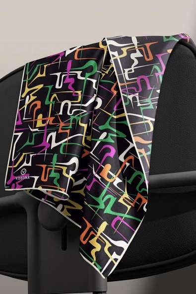 %100 Twill İpek Soyut Geometrik Desenli Fuşya - Sarı Renkli 90x90 Eşarp Dikim Şekli : El Dikişi - Resim 5