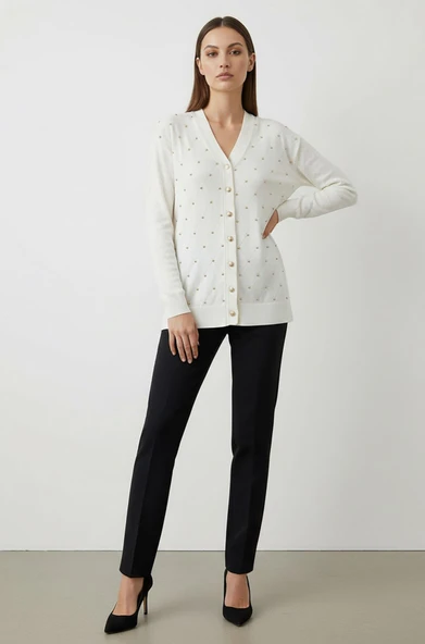 Kadın Merserize Baklava Desen Hırka Ekru - Resim 2