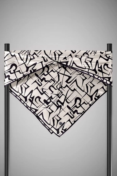 % 57 İPEK % 43 VİSKON Twill İpek Soyut Geometrik Desenli Krem - Siyah Renkli 90x90 Eşarp Dikim Şekli : El Dikişi - Resim 6