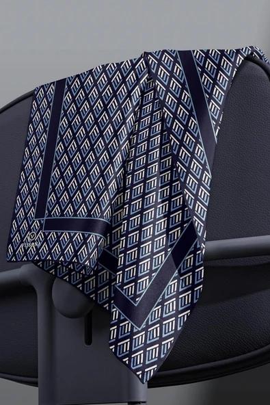 % 57 İPEK % 43 VİSKON Twill İpek Geometrik Desenli Lacivert - İndigo Renkli 90x90 Eşarp Dikim Şekli : El Dikişi - Resim 4