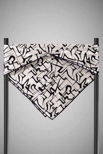 %100 Twill İpek Soyut Geometrik Desenli Krem - Siyah Renkli 90x90 Eşarp Dikim Şekli : El Dikişi - Resim 6