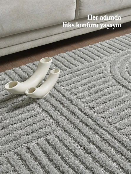 Yumuşak Peluş Tüylü İskandinav desenli Kabarık Bukleli Gri Renkli Halı - Resim 2