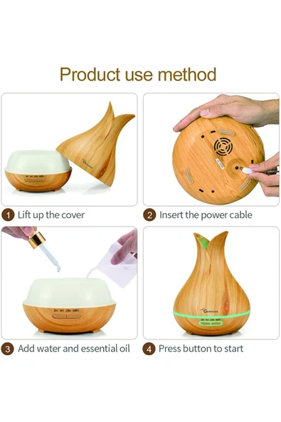 Masaüstü Hava nemlendirici Ahşap Görünümlü 7 LED Renk Ultrasonik Aromaterapi Hava Temizleyici 550mL - Resim 2