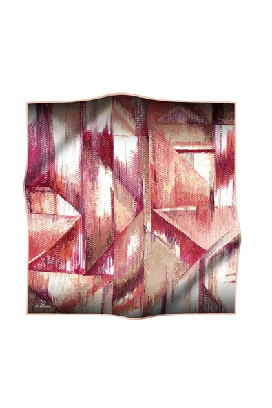 %100 Twill İpek Efektli ve Geometrik Desenli Somon - Pudra Renkli 90x90 Eşarp Dikim Şekli : El Dikişi - Resim 2