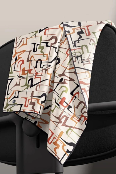 % 57 İPEK % 43 VİSKON Twill İpek Soyut Geometrik Desenli Taba - Haki Renkli 90x90 Eşarp Dikim Şekli : El Dikişi - Resim 5