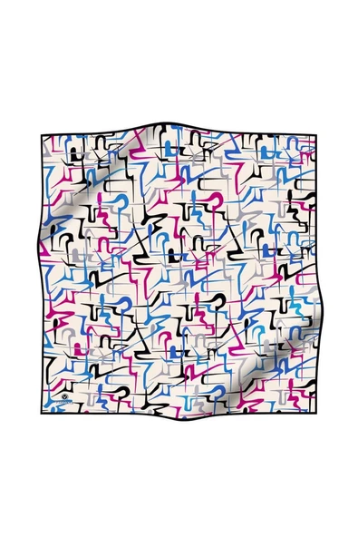 %100 Twill İpek Soyut Geometrik Desenli Fuşya - Saks Renkli 90x90 Eşarp Dikim Şekli : El Dikişi - Resim 2