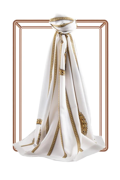 LÜKS MEDİNE İPEĞİ ZİNCİR DESENLİ KREM RENKLİ 75X195 KIRIŞMAZ ŞAL MOSS KREP DİKİŞ TİPİ İTALYAN DİKİŞLİ - Resim 2