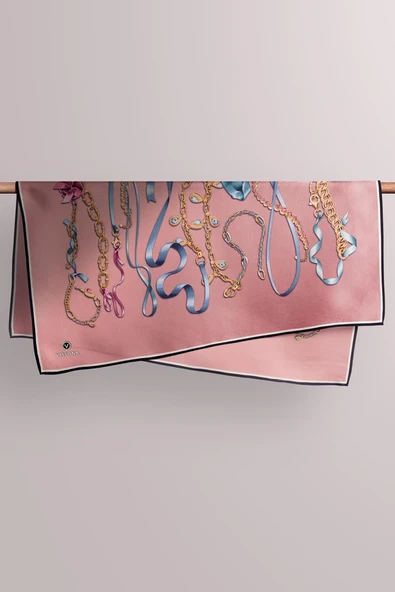 %100 Twill İpek Kurdele Ve Zincir Desenli Pudra Renkli 90x90 Eşarp Dikim Şekli : El Dikişi - Resim 3
