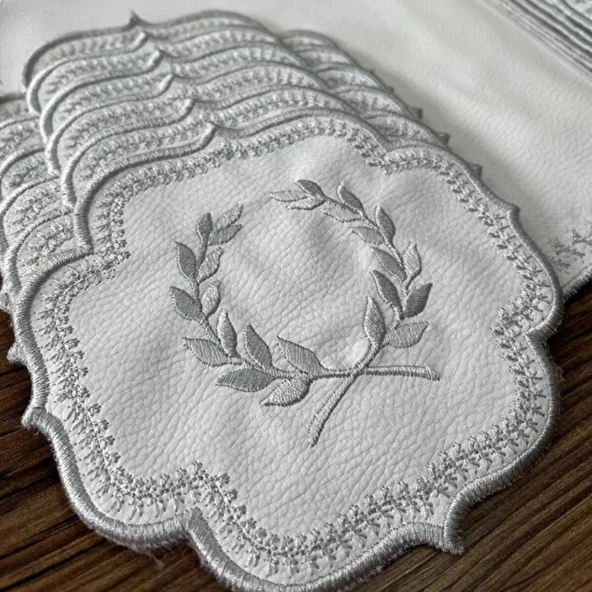 Mucit Home Amerikan Servis Ve  Masa Örtüsü 6 Kişilik 19 Parça Runner Seti Nakışlı Yemek Sunum Takımı - Resim 3