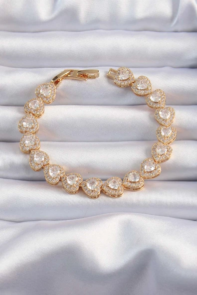 Pirinç Vip Seri Gold Renk Zirkon Taşlı Kalp Model Bileklik ürün görseli 1