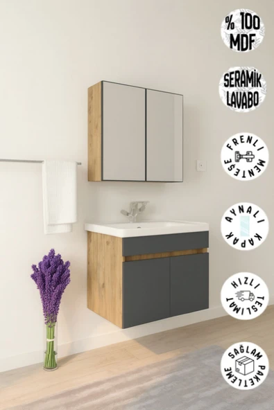 Tokyo Seramik Lavabolu Modern Aynalı Banyo Dolabı MDF ürün görseli