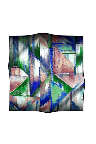 %100 Twill İpek Efektli ve Geometrik Desenli Saks - Mint Yeşili Renkli 90x90 Eşarp Dikim Şekli : El Dikişi - Resim 2