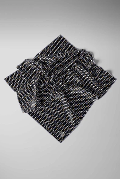 %100 Twill İpek Nokta Desenli Siyah - Gri Renkli 90x90 Eşarp Dikim Şekli : El Dikişi - Resim 3