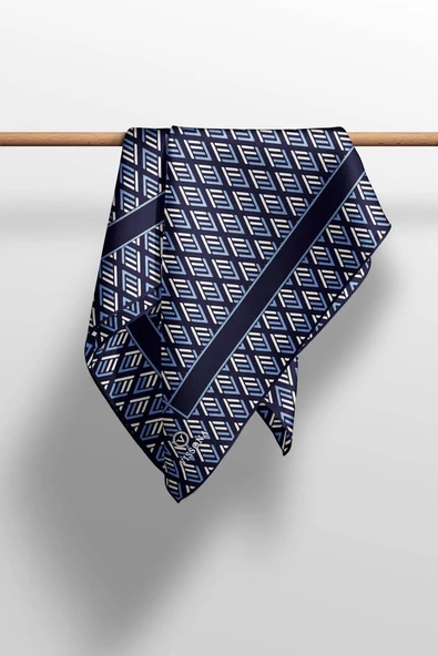 % 57 İPEK % 43 VİSKON Twill İpek Geometrik Desenli Lacivert - İndigo Renkli 90x90 Eşarp Dikim Şekli : El Dikişi - Resim 5