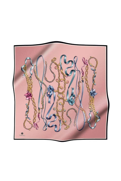 %100 Twill İpek Kurdele Ve Zincir Desenli Pudra Renkli 90x90 Eşarp Dikim Şekli : El Dikişi - Resim 2