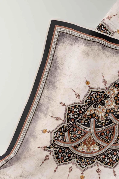 % 57 İPEK % 43 VİSKON Twill İpek Şal Desenli Siyah - Taba Renkli 90x90 Eşarp Dikim Şekli : El Dikişi - Resim 3