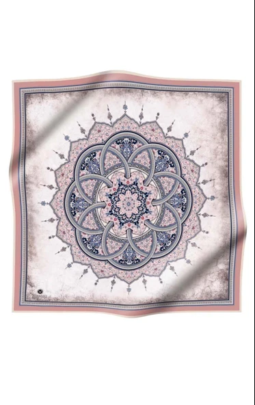 % 57 İPEK % 43 VİSKON Twill İpek Şal Desenli Pudra - Bebe Mavisi Renkli 90x90 Eşarp Dikim Şekli : El Dikişi - Resim 2
