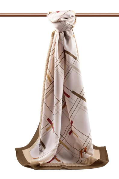 LÜKS MEDİNE İPEĞİ GEOMETRİK DESENLİ BEJ - TABA RENKLİ 75X195 KIRIŞMAZ ŞAL MOSS KREP DİKİŞ TİPİ İTALYAN DİKİŞLİ - Resim 2