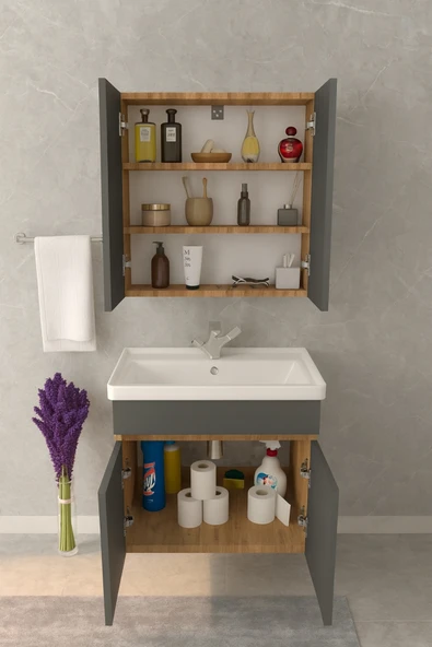 Tokyo Seramik Lavabolu Modern Aynalı Banyo Dolabı MDF - Resim 5