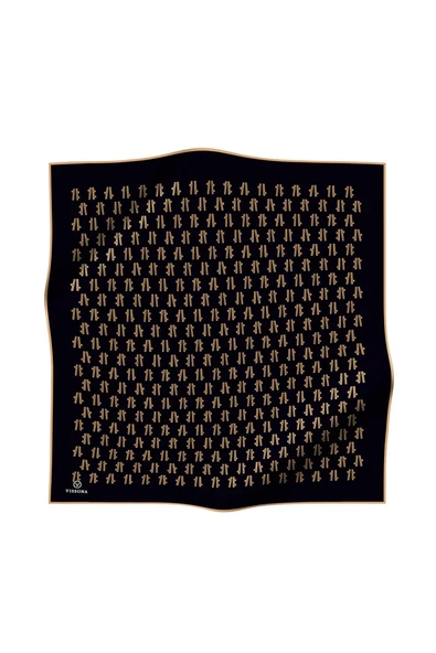 % 57 İPEK % 43 VİSKON Twill İpek Geometrik Desenli Siyah - Gold Renkli 90x90 Eşarp Dikim Şekli : El Dikişi - Resim 2