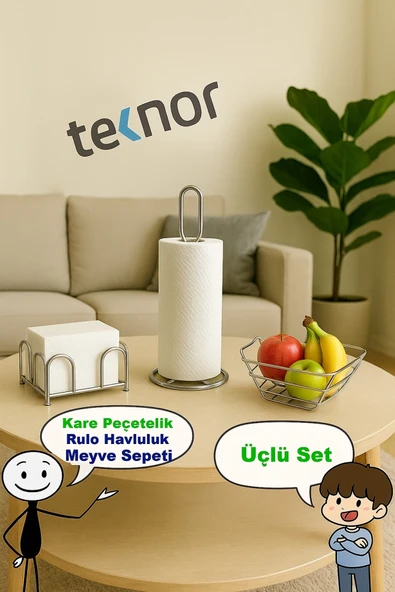 3'lü Servis Sunum Seti, Kağıt Havluluk, Kare Peçetelik, Üçgen Meyve Sepeti - Resim 2