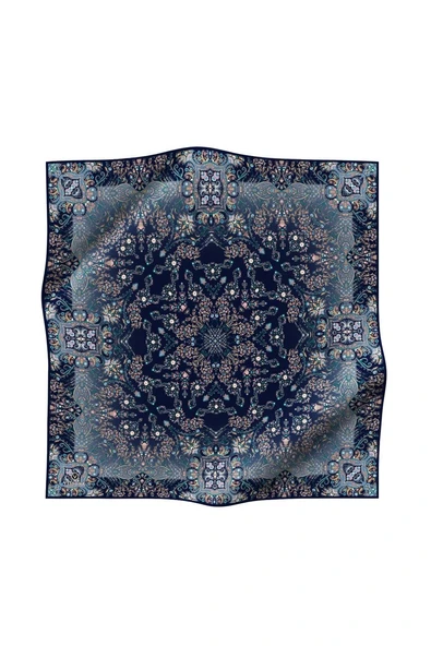 %100 Twill İpek Şal Desenli Lacivert - İndigo Renkli 90x90 Eşarp Dikim Şekli : El Dikişi - Resim 2