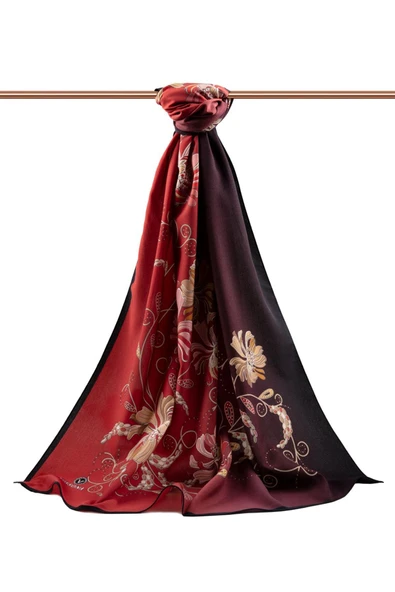 LÜKS MEDİNE İPEĞİ ÇİÇEK DESENLİ BORDO RENKLİ 75X195 KIRIŞMAZ ŞAL MOSS KREP DİKİŞ TİPİ İTALYAN DİKİŞLİ - Resim 2