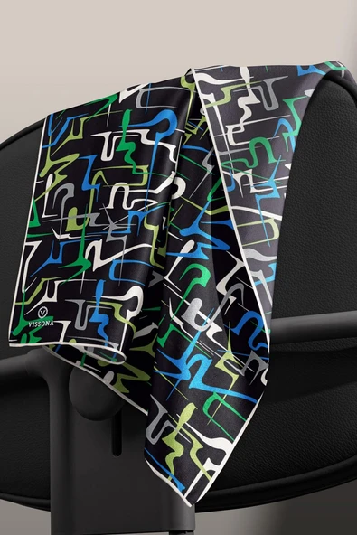 % 57 İPEK % 43 VİSKON Twill İpek Soyut Geometrik Desenli Saks - Zümrüt Yeşili Renkli 90x90 Eşarp Dikim Şekli : El Dikişi - Resim 6