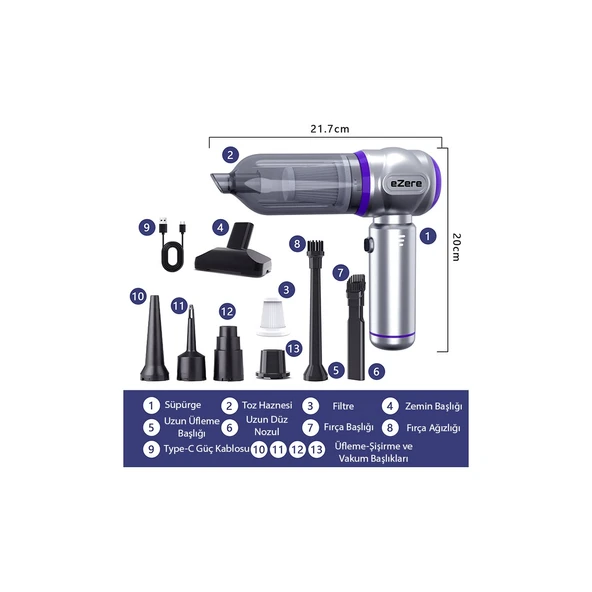 Ezere 17000PA Güçlü Portatif Tasinabilir Vakumlu Kablosuz Üflemeli Mini Araç İçi El Süpürgesi - Resim 4