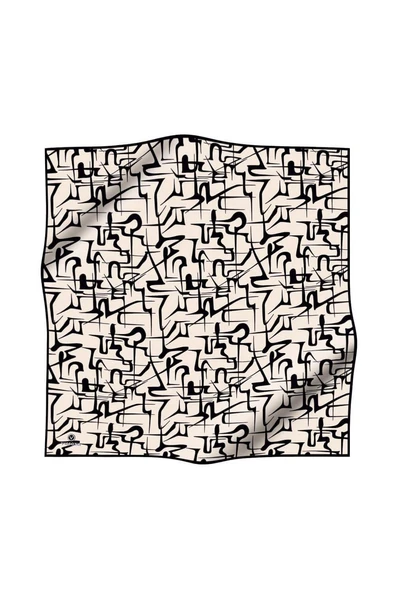 %100 Twill İpek Soyut Geometrik Desenli Krem - Siyah Renkli 90x90 Eşarp Dikim Şekli : El Dikişi - Resim 2