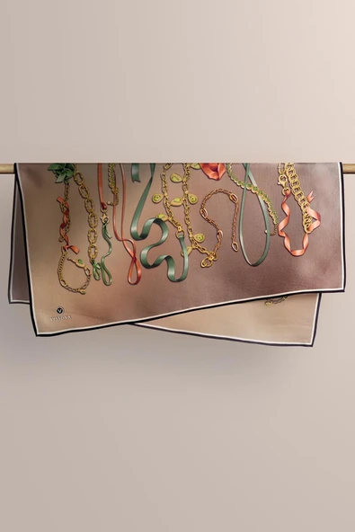 %100 Twill İpek Kurdele Ve Zincir Desenli Bej Renkli 90x90 Eşarp Dikim Şekli : El Dikişi - Resim 3