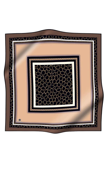 % 57 İPEK %43 VİSKON Twill İpek Gold Halka Desenli Bej - Kahverengi Renkli 90x90 Eşarp Dikim Şekli : El Dikişi - Resim 2