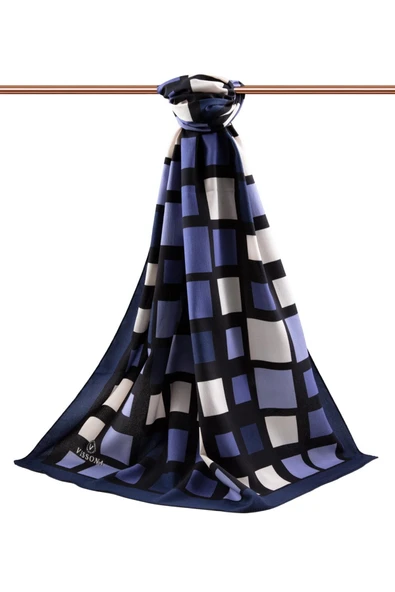 LÜKS MEDİNE İPEĞİ KARE DESENLİ İNDİGO RENKLİ 75X195 KIRIŞMAZ ŞAL MOSS KREP DİKİŞ TİPİ İTALYAN DİKİŞLİ - Resim 2