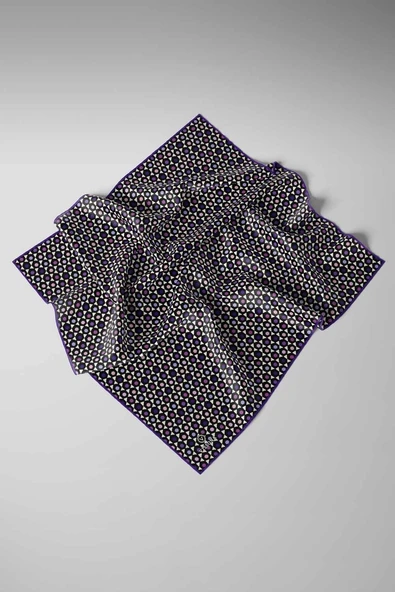 %100 Twill İpek Nokta Desenli Siyah - Mor Renkli 90x90 Eşarp Dikim Şekli : El Dikişi - Resim 3