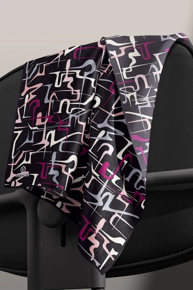 %100 Twill İpek Soyut Geometrik Desenli Mürdüm - Pudra Renkli 90x90 Eşarp Dikim Şekli : El Dikişi - Resim 5