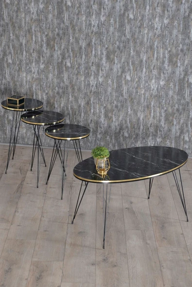 Zigon Sehpa Ve Orta Sehpa Elips Set Siyah Tel Ayak Çift Altın Bendir ürün görseli 1