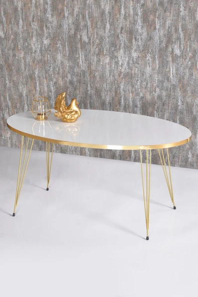 Zigon Sehpa ve Orta Sehpa Beyaz Elips Set Tel Ayak Gold - Resim 9